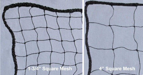 #21-Grade Barrier Netting Medium-Impact Barrier Netting; 1-3/4" and 4” Mesh Panels; Full Rope Border; In-Stock Nets 10', 12', and 14' High, and Up to 100' Long; Weather Resistant.