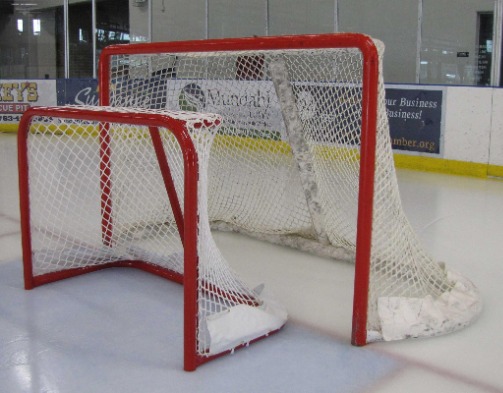 Steel Cross-Ice Hockey Goals, Made in the USA, with Welded Lacing Bar for Net Attachment. Age 8U Players. Size 4'6" x 3' and 4' x 3'.