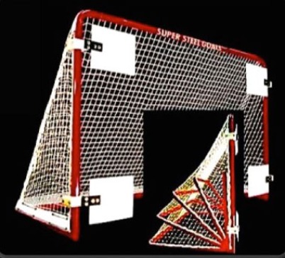 6’ x 4’ Folding Steel Hockey Goal Frame; 28” Rectangular Base Depth; 1-3/4” Steel Tubing; Welded Lacing Bar for Attaching Net; Red Powder-Coated Finish.