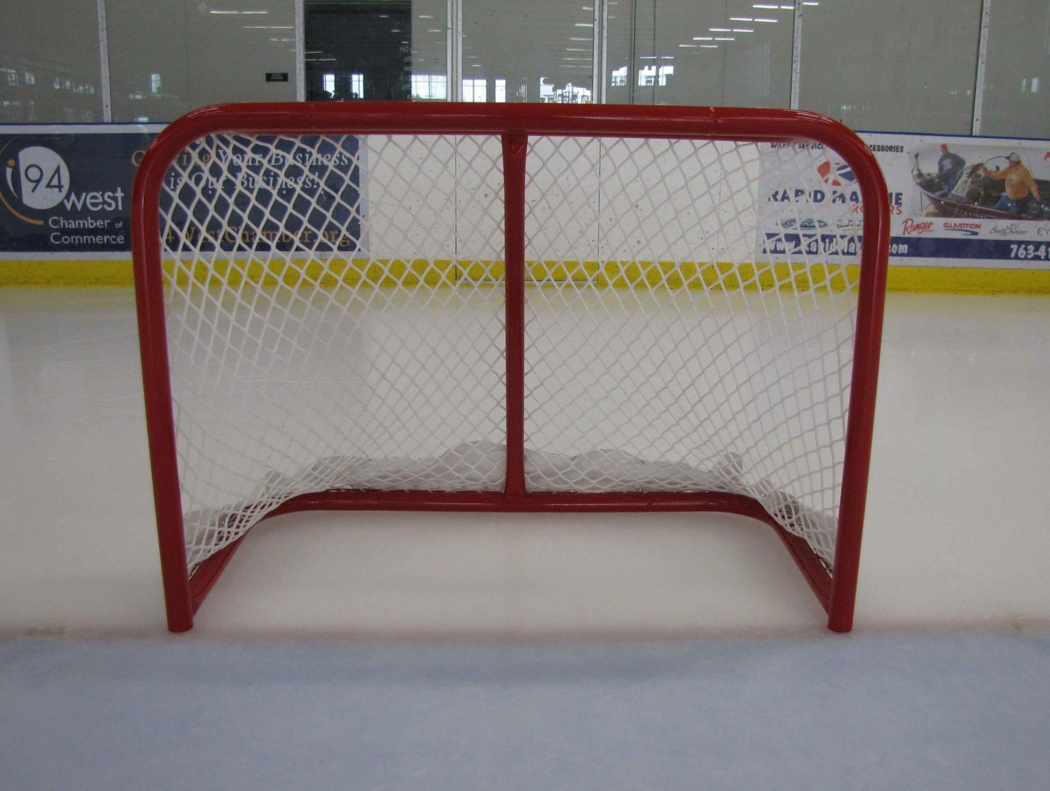 Cross-Ice 4' x 3' Hockey Goal 4' x 3' Cross-Ice Steel Hockey Goal Frame; 24” Rectangular Base Depth; Welded Lacing Bar for Attaching Net; Red Powder-Coated Finish; Age 8U Players.